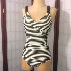 Merona,Women’s white and black striped one piece swimsuit. Size S.
